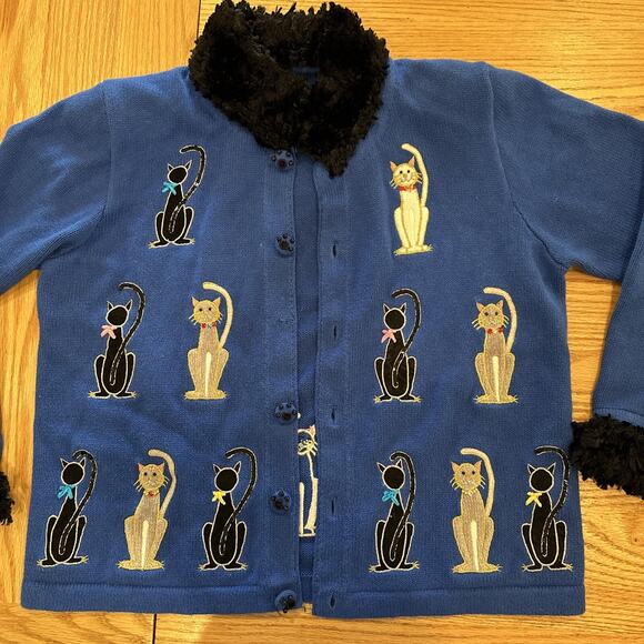 Berek Cardigan Sweater Large Embroidered Cats Beaded Paw Buttons Artsy Unique - Picture 5 of 12
